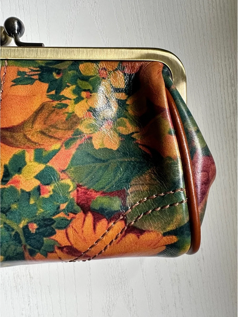 Patricia Nash Leather Wristlet with Retro Floral Print and Kiss Lock Closure